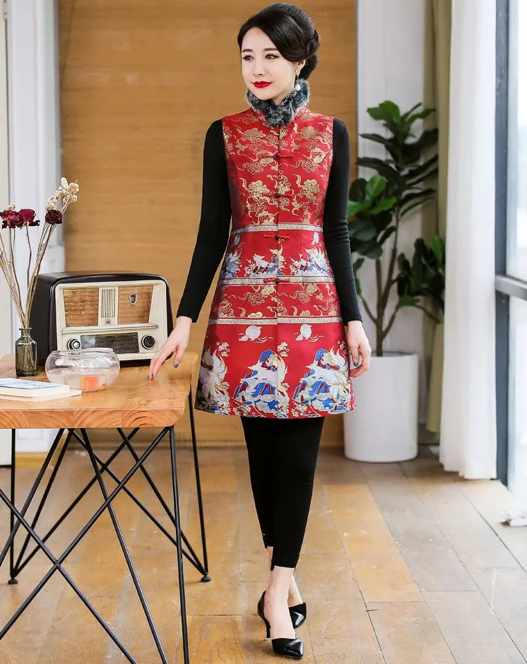 Knee Length Fur Edge Brocade Traditional Wadded Chinese Waistcoat Vest