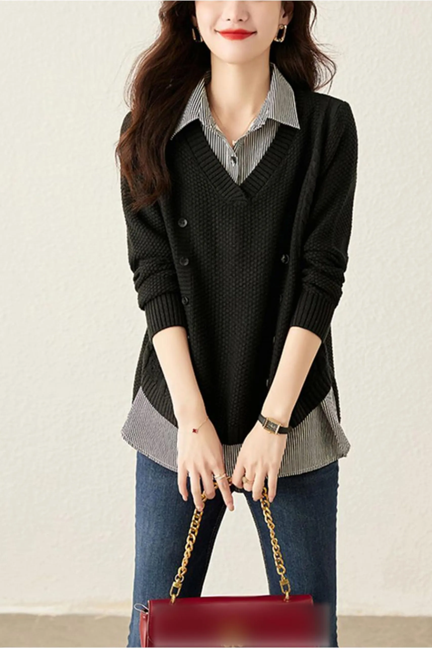 Knit  2 in 1 Tunics Patchwork Tops