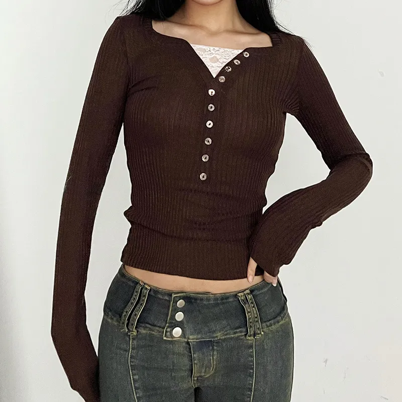 Lace Paneled Button Long Sleeve Knit Top