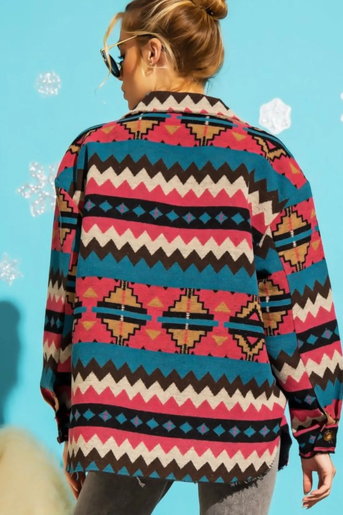 LONG SLEEVE TRIBAL AZTEC PRINT SHIRT JACKET WITH RAW HEM