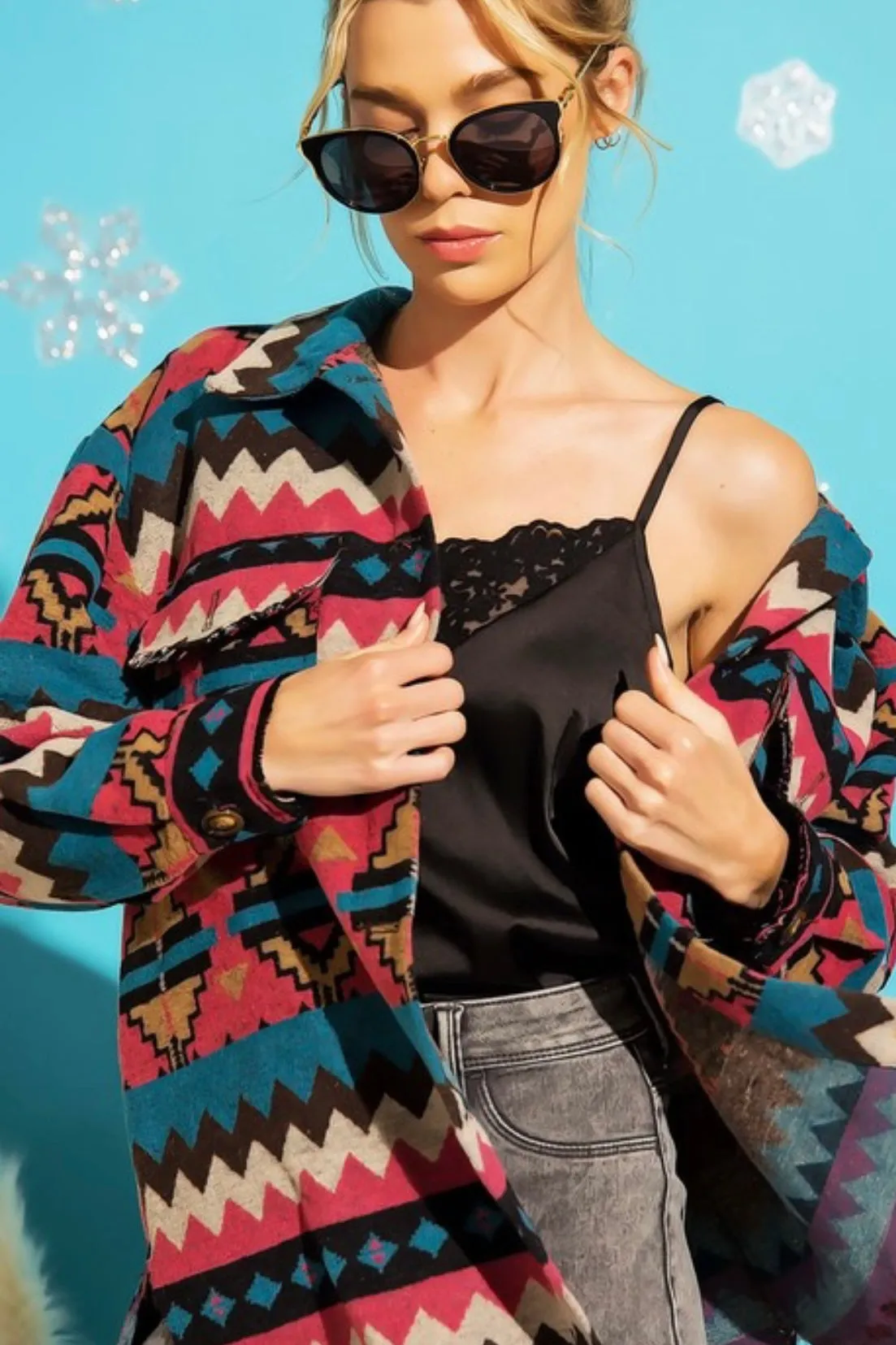 LONG SLEEVE TRIBAL AZTEC PRINT SHIRT JACKET WITH RAW HEM