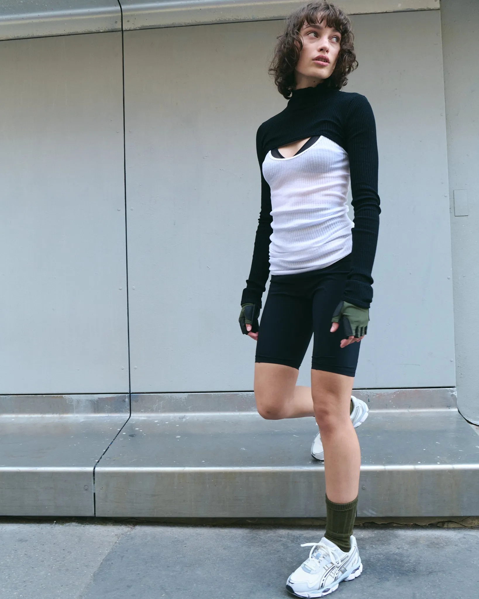 Long sleeve turtle neck cotton knit micro crop top