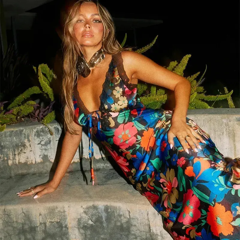 LUX Resort Floral Print Satin Maxi Dress