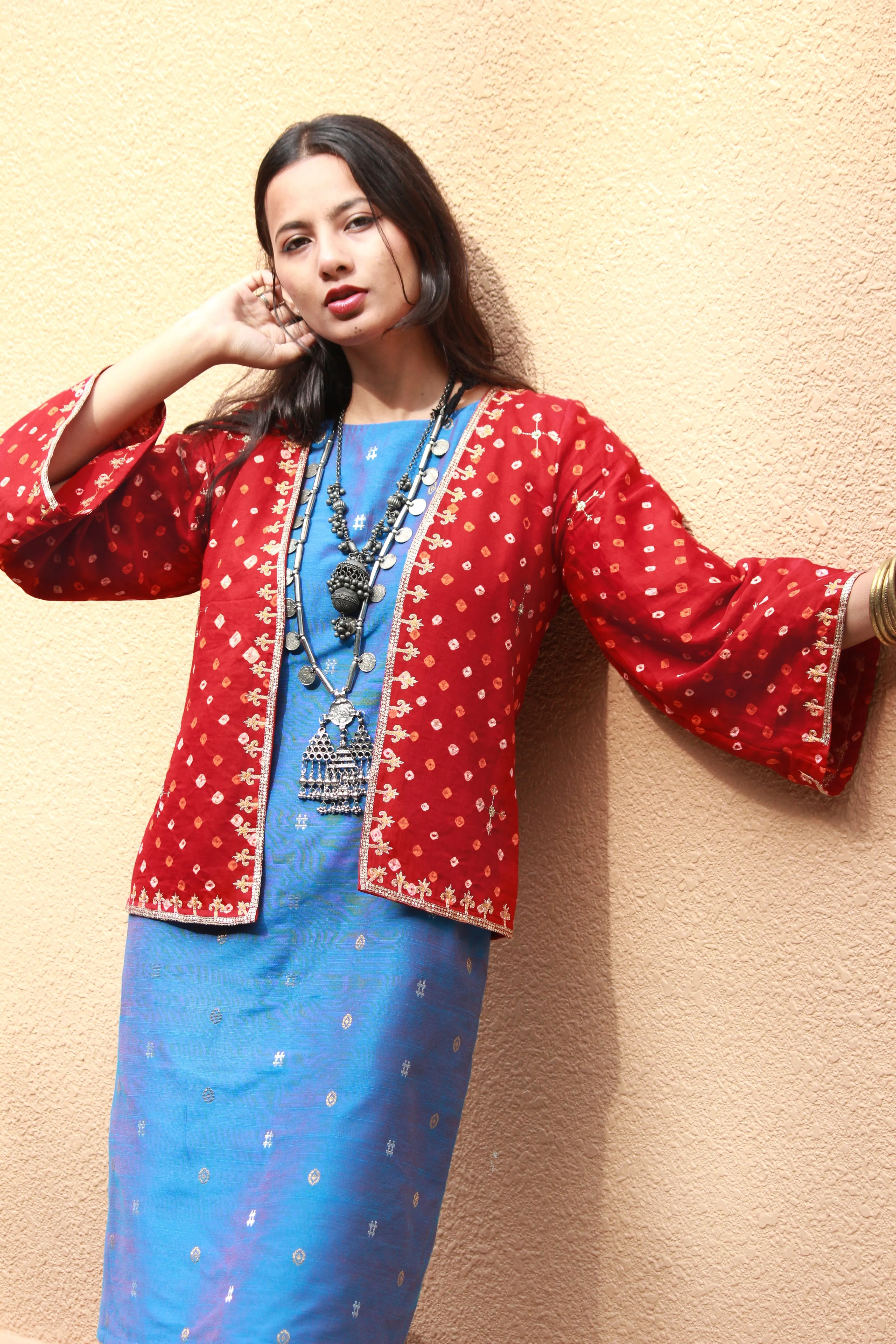 Maroon Bandhani Hand Embroidered Kimono Jacket