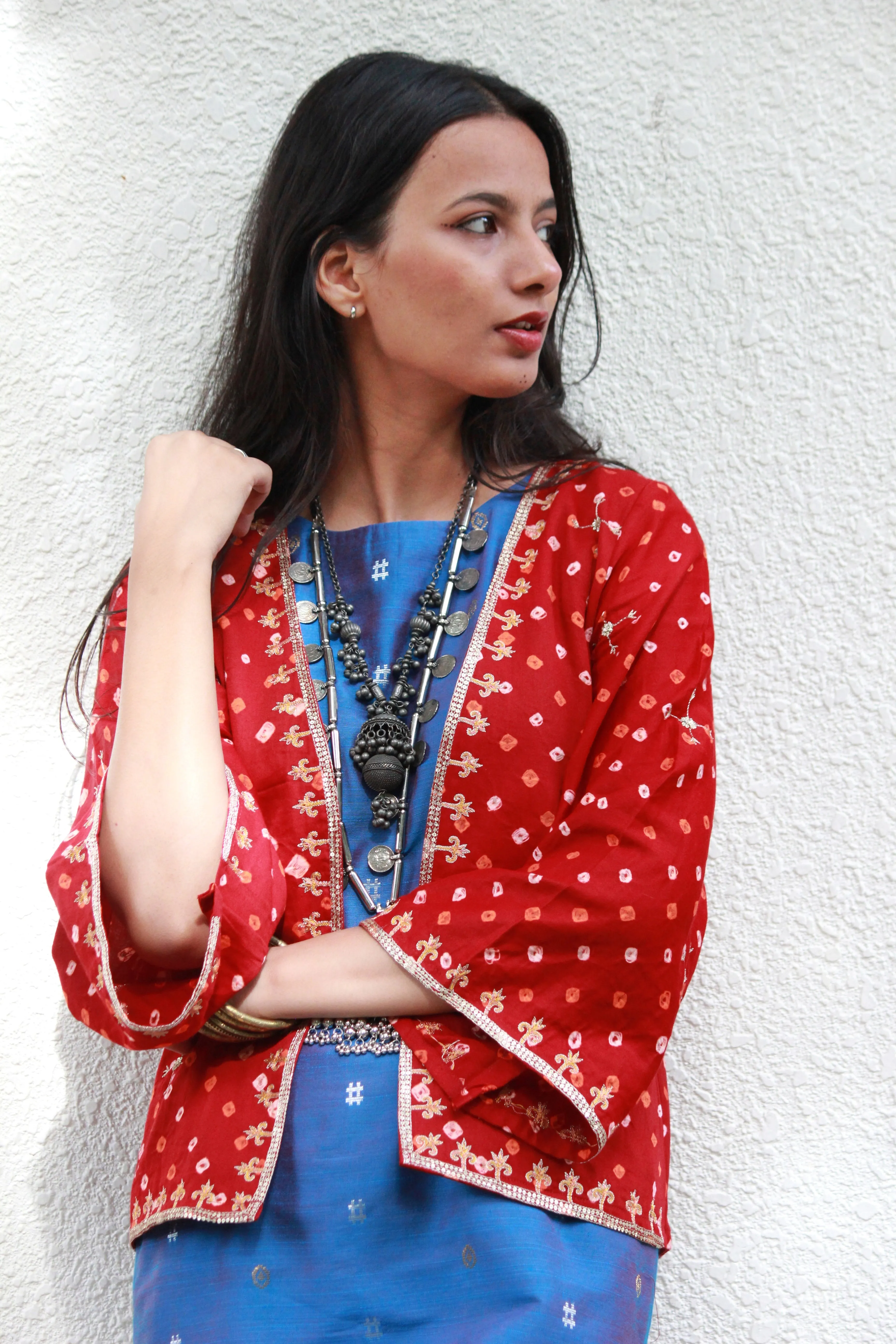 Maroon Bandhani Hand Embroidered Kimono Jacket
