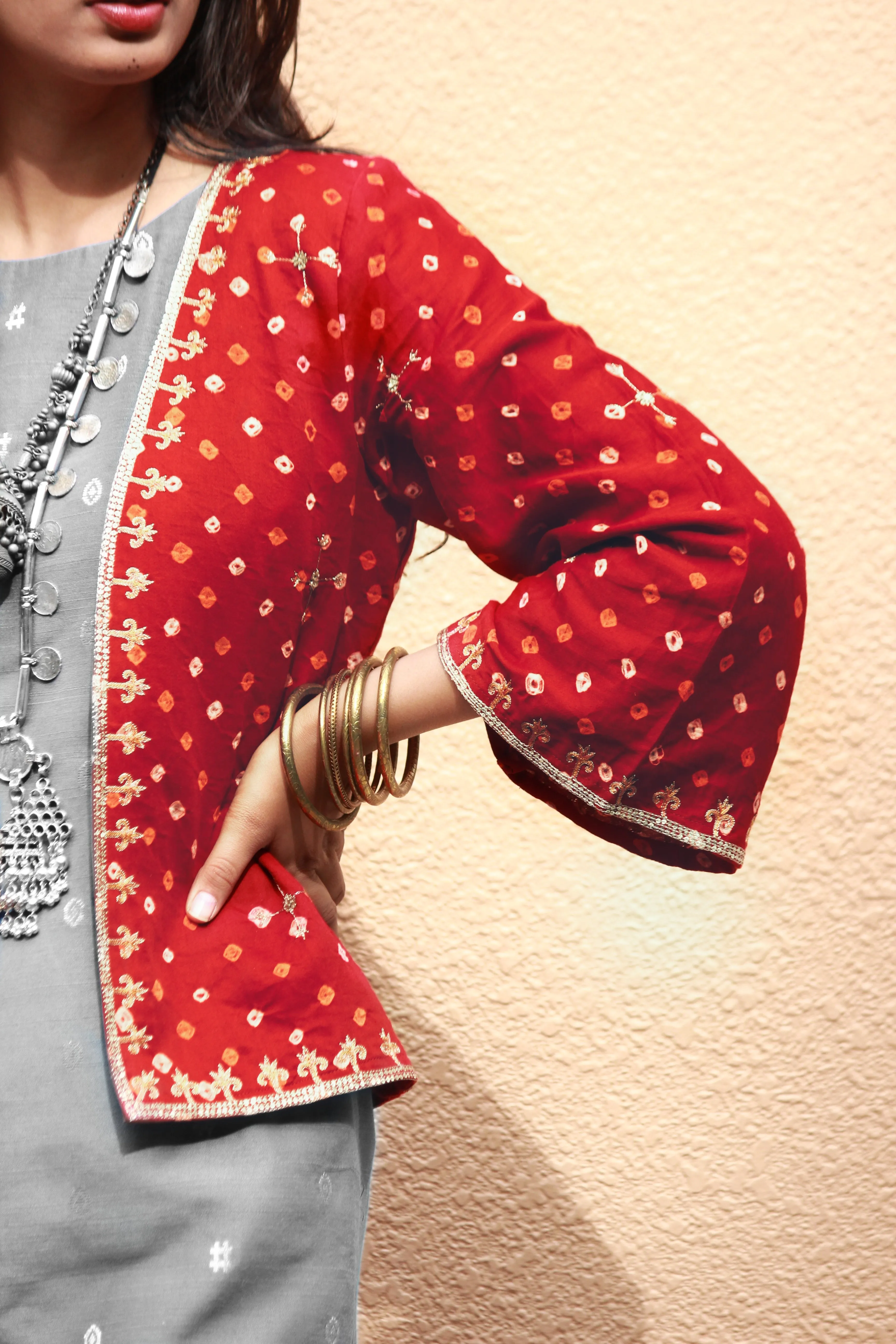 Maroon Bandhani Hand Embroidered Kimono Jacket
