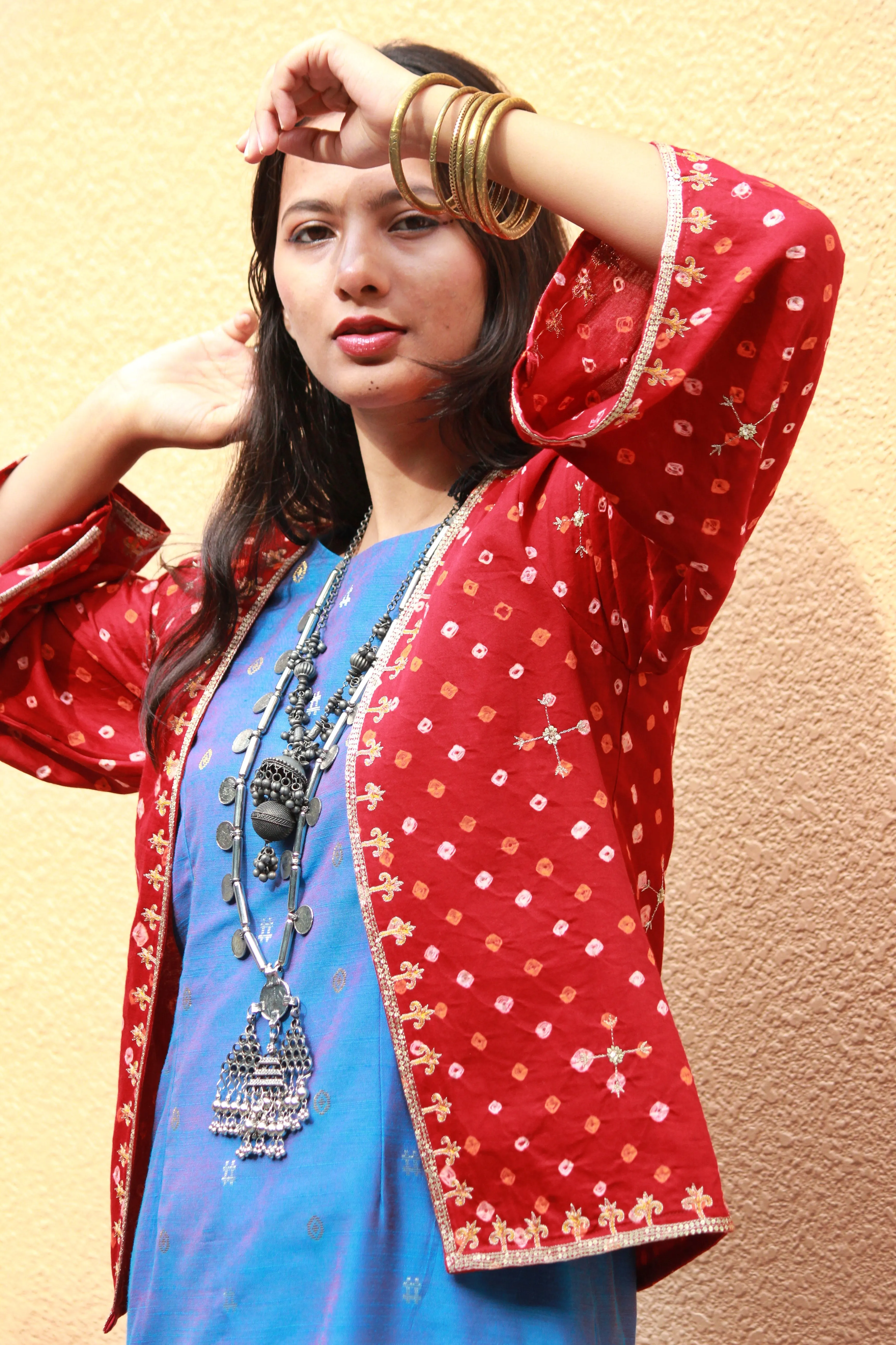 Maroon Bandhani Hand Embroidered Kimono Jacket