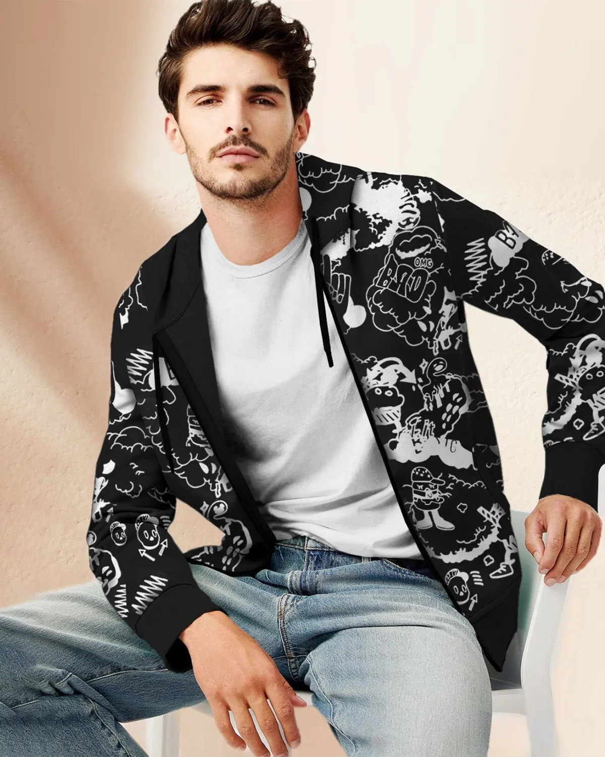 Men Comic Printed Black Jacket