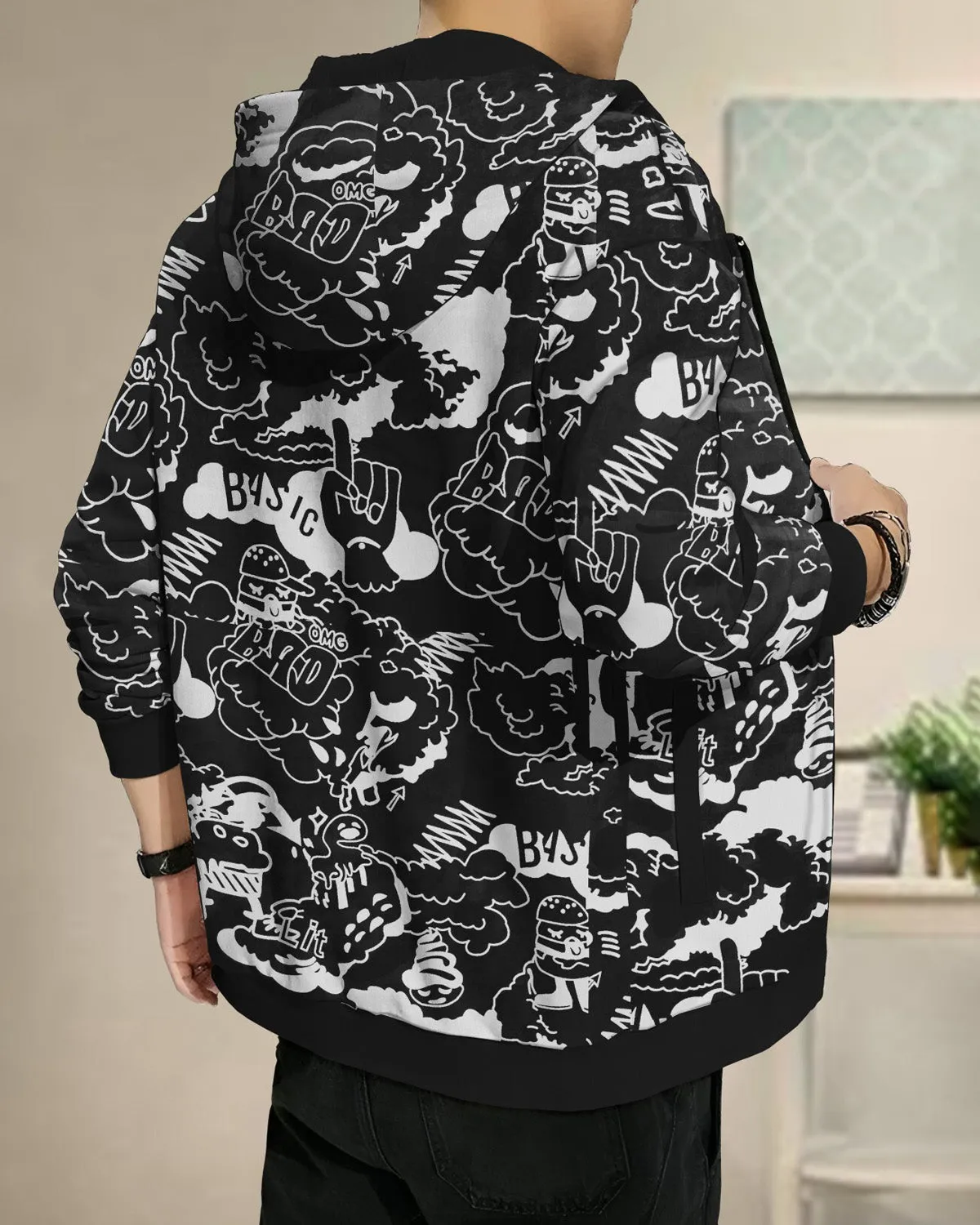 Men Comic Printed Black Jacket