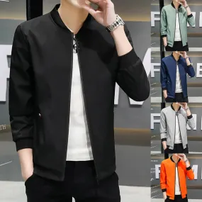 Men's Solid Baseball Neck Zipper Windbreaker Jacket