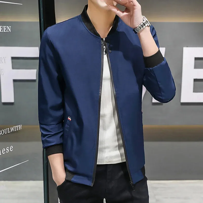 Men's Solid Baseball Neck Zipper Windbreaker Jacket