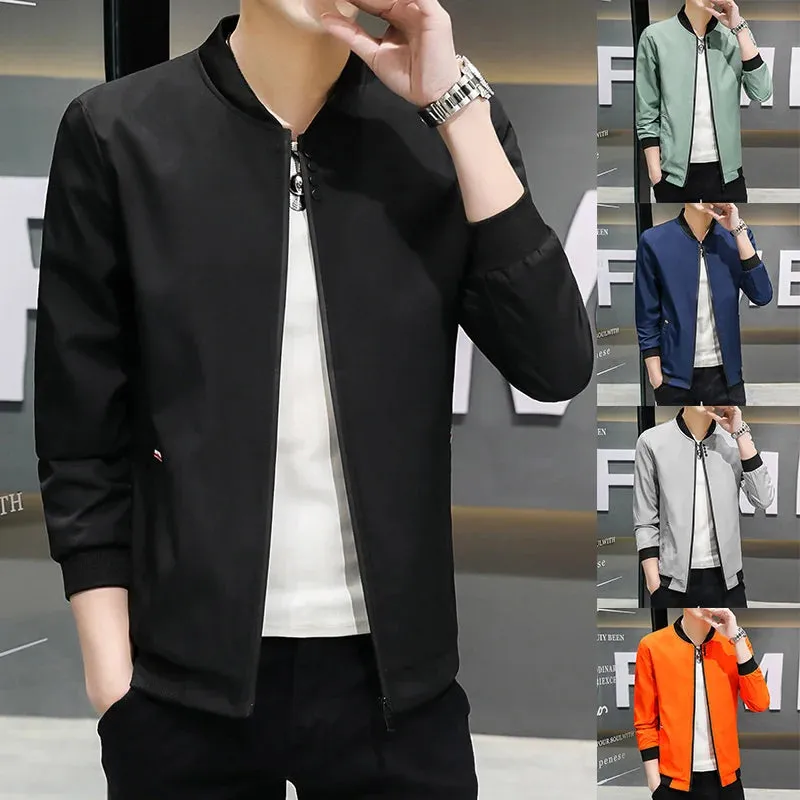 Men's Solid Baseball Neck Zipper Windbreaker Jacket