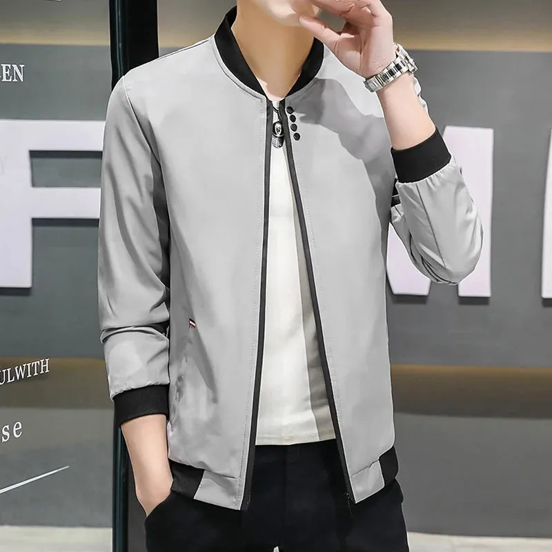 Men's Solid Baseball Neck Zipper Windbreaker Jacket