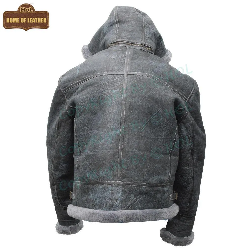 Mens Vintage Distressed Winter Real Leather Fur Jacket Removable Hood-Season End Sale 2024