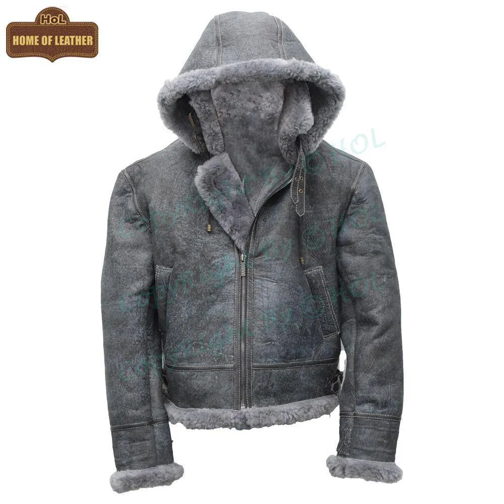 Mens Vintage Distressed Winter Real Leather Fur Jacket Removable Hood-Season End Sale 2024