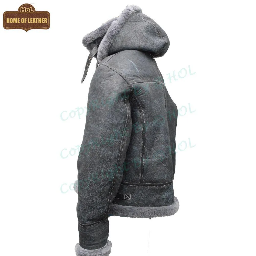 Mens Vintage Distressed Winter Real Leather Fur Jacket Removable Hood-Season End Sale 2024