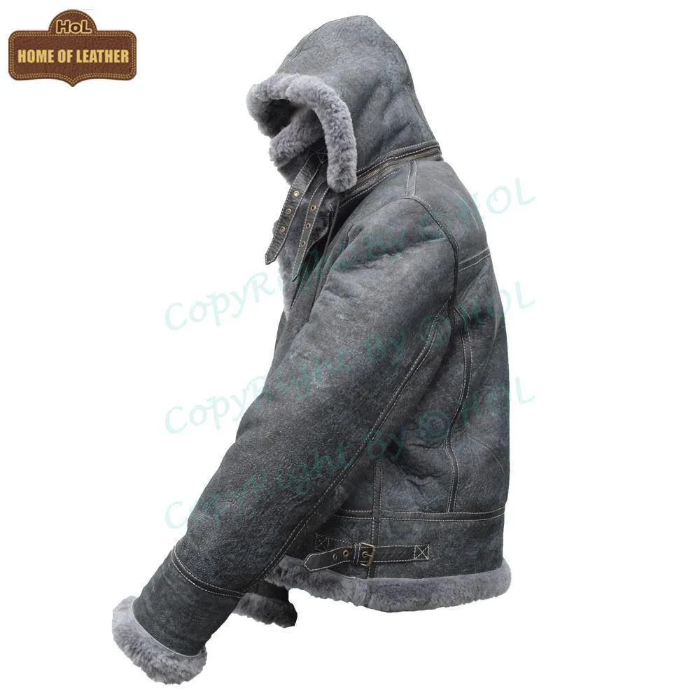 Mens Vintage Distressed Winter Real Leather Fur Jacket Removable Hood-Season End Sale 2024