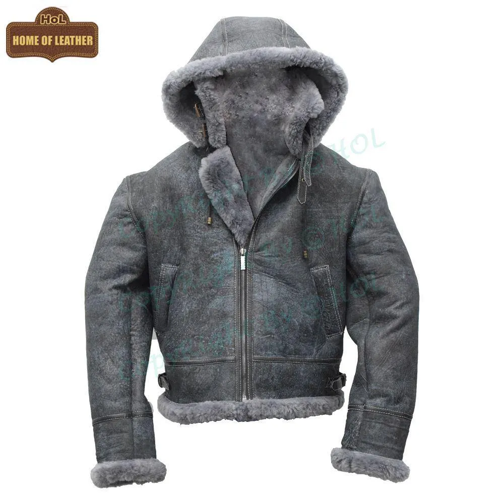 Mens Vintage Distressed Winter Real Leather Fur Jacket Removable Hood-Season End Sale 2024