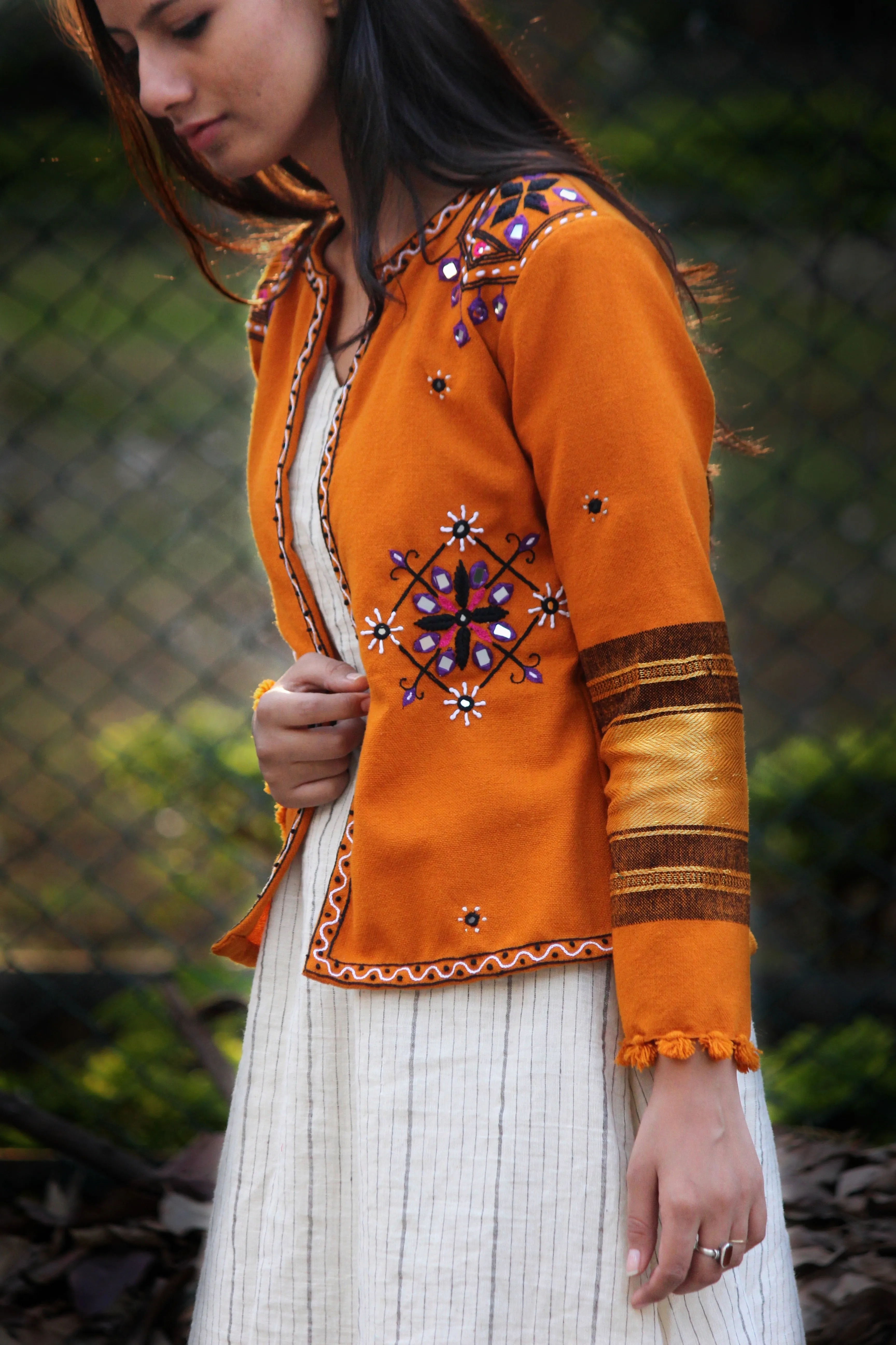 Mustard Handwoven & Hand Embroidered Mirror Work Cropped Jacket in Wool