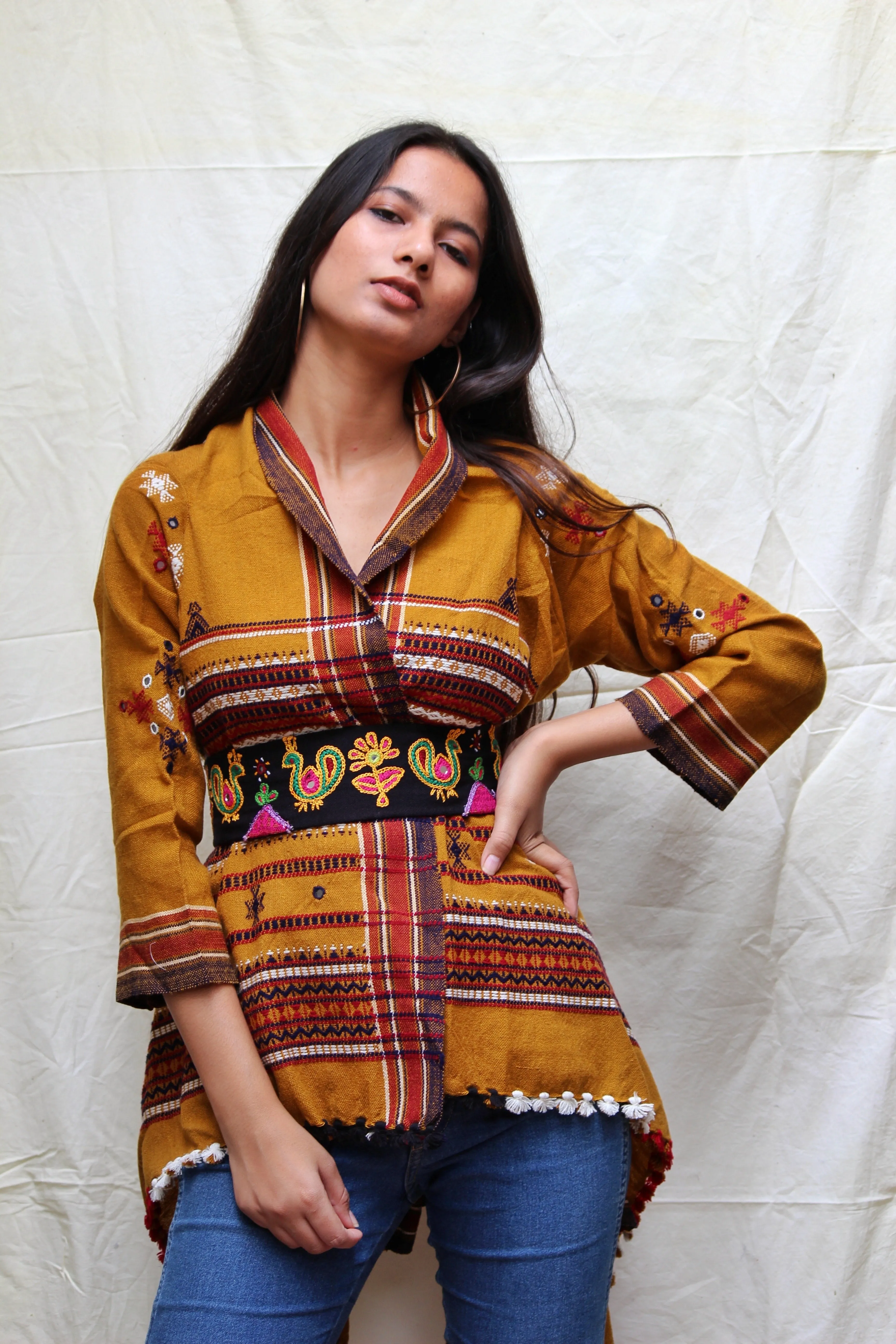 Ochre Handwoven Wool Open Shawl Jacket