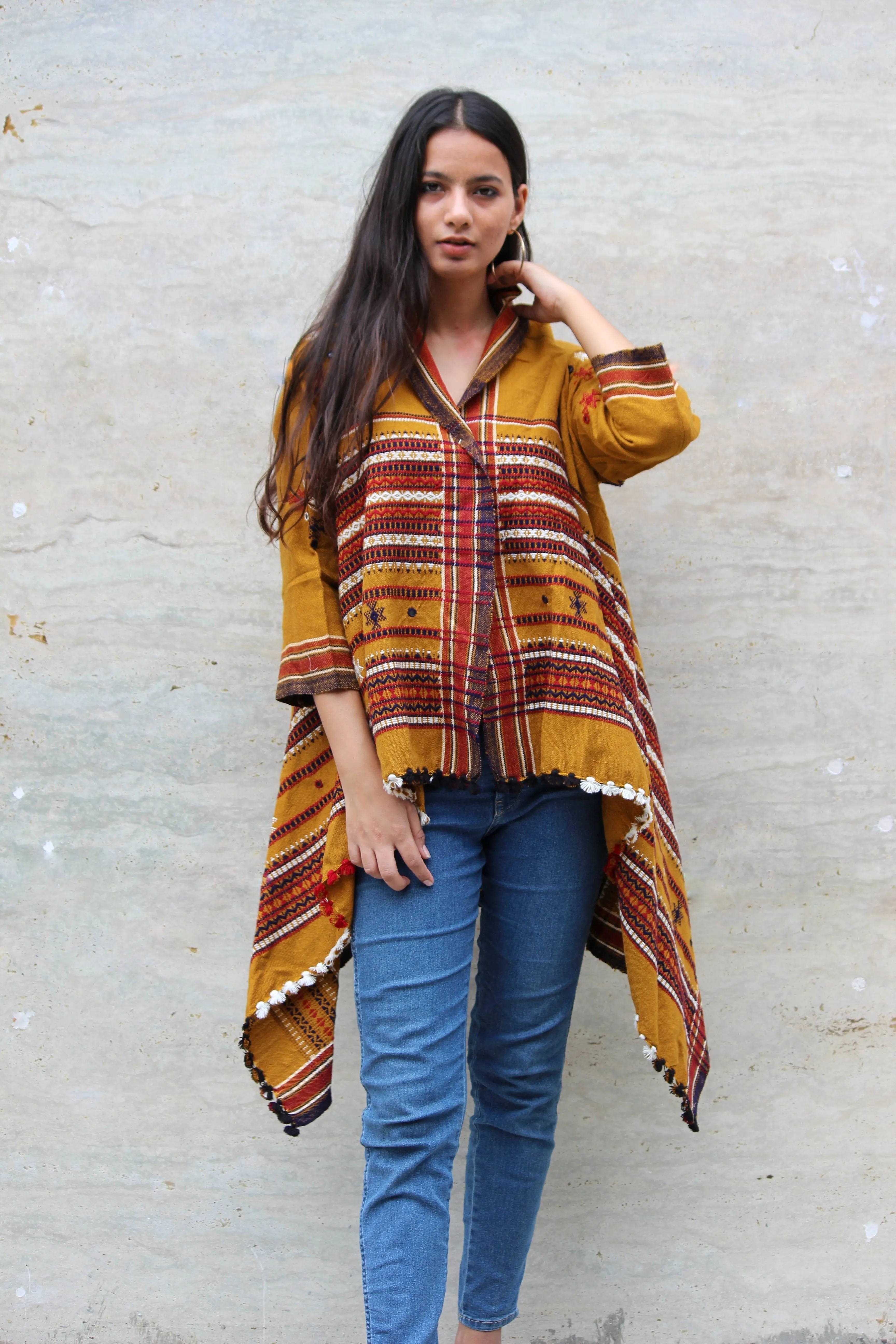 Ochre Handwoven Wool Open Shawl Jacket
