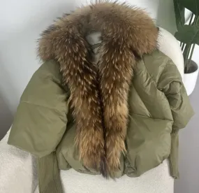 Olive goose puffer - natural fox fur