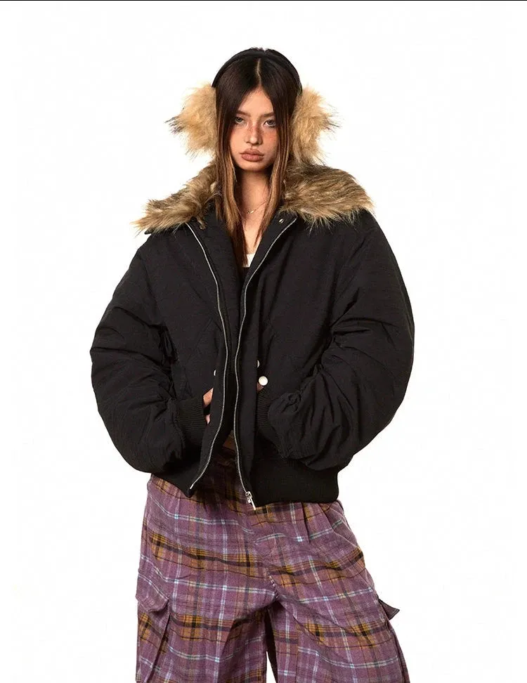 Oversized Faux Fur Collar Ruched Sleeve Zip Jacket