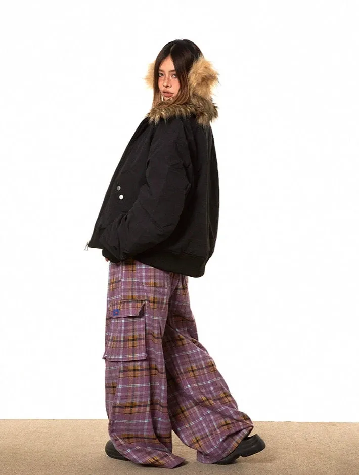 Oversized Faux Fur Collar Ruched Sleeve Zip Jacket