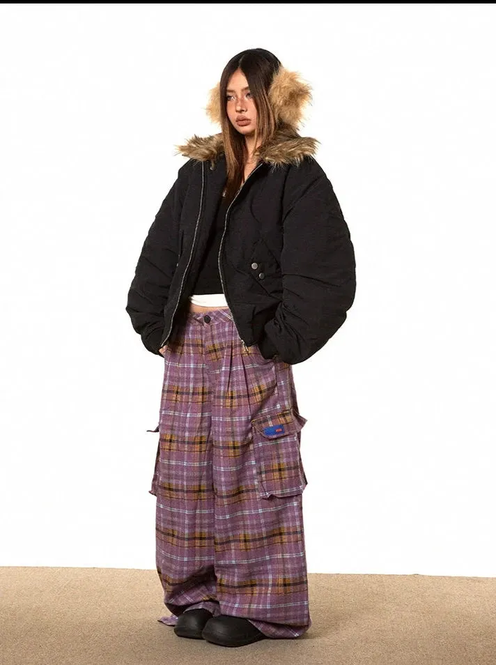 Oversized Faux Fur Collar Ruched Sleeve Zip Jacket