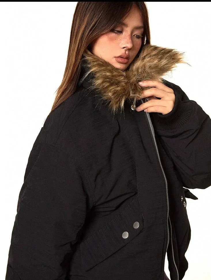 Oversized Faux Fur Collar Ruched Sleeve Zip Jacket