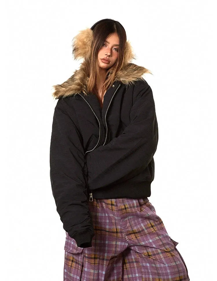 Oversized Faux Fur Collar Ruched Sleeve Zip Jacket