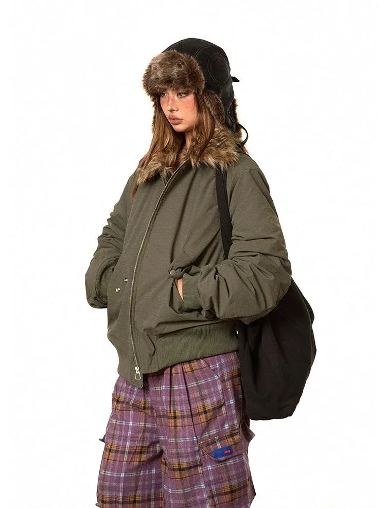 Oversized Faux Fur Collar Ruched Sleeve Zip Jacket