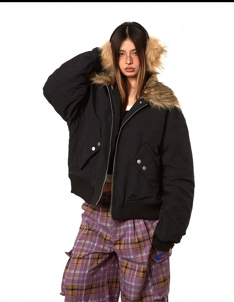 Oversized Faux Fur Collar Ruched Sleeve Zip Jacket