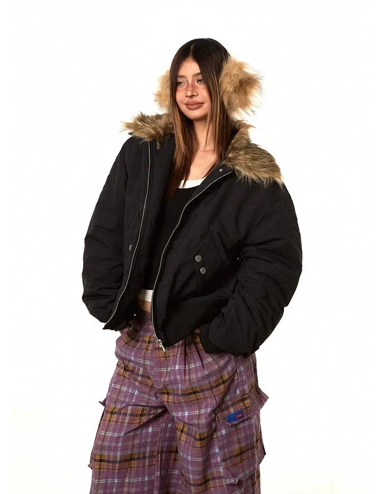 Oversized Faux Fur Collar Ruched Sleeve Zip Jacket