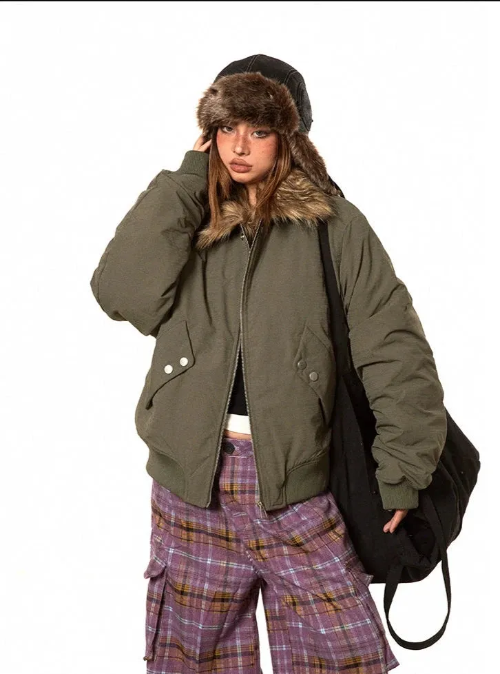 Oversized Faux Fur Collar Ruched Sleeve Zip Jacket