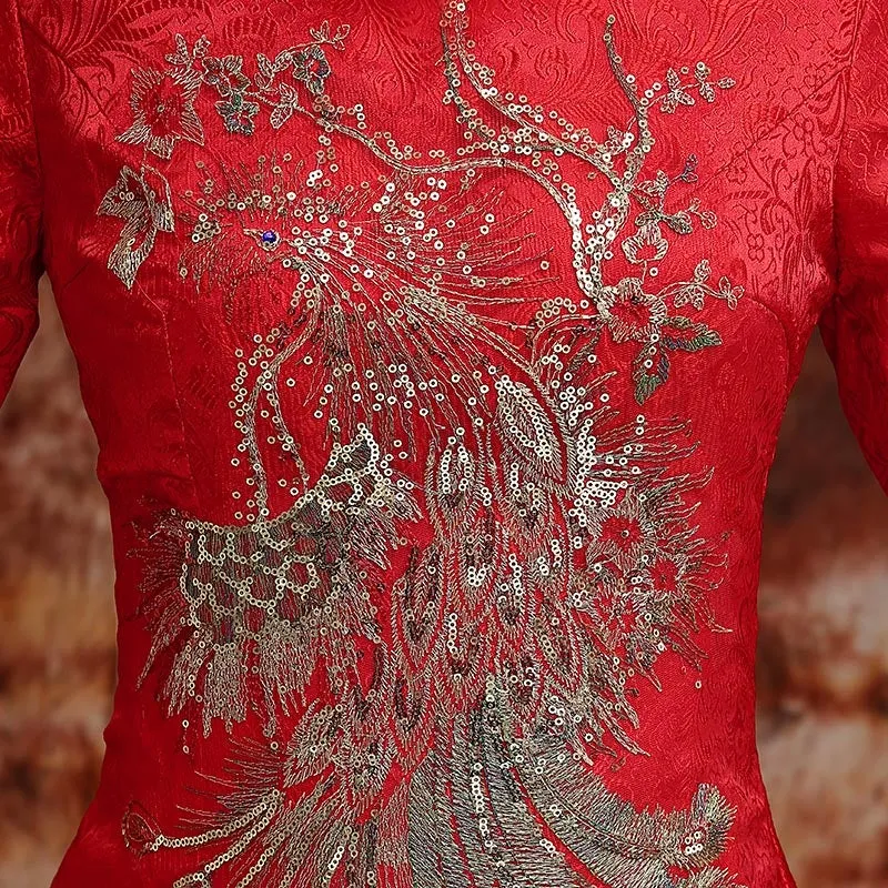 Phoenix Sequins & Embroidery Tulle Skirt Chinese Wedding Party Dress