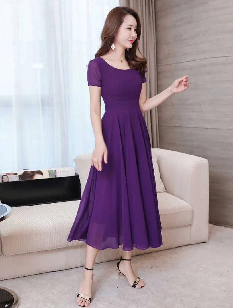 Purple Solid Round Neck Georgette Maxi Dress