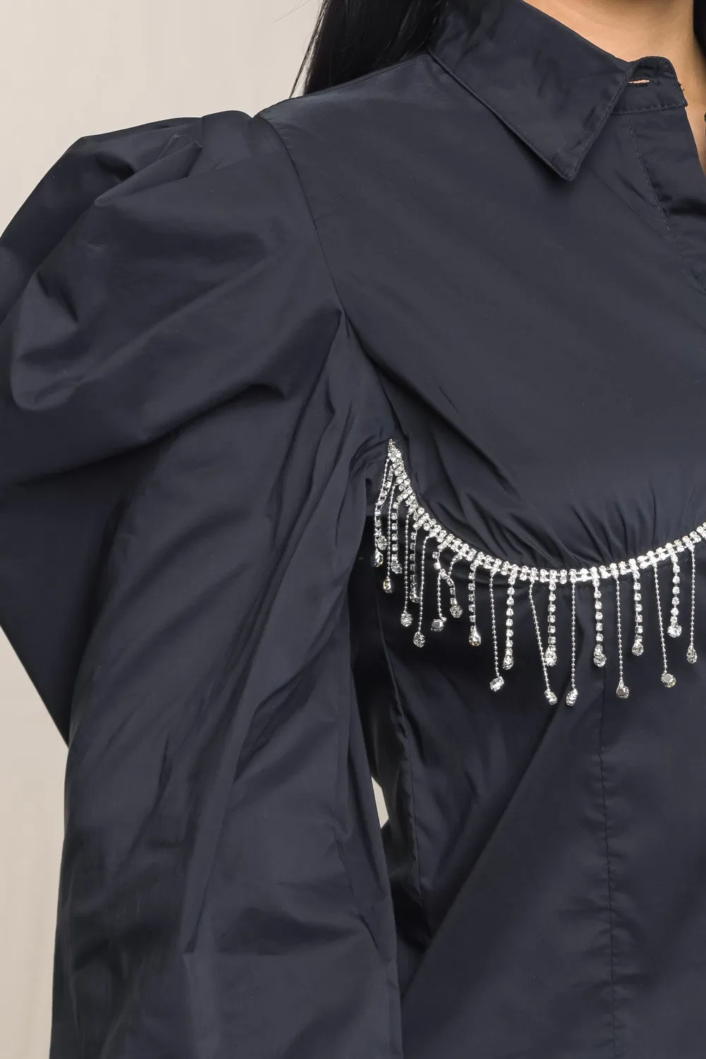 Rey puff sleeve poplin blouse with shine trim