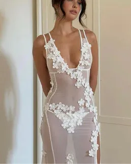 Sheer Floral Vacation Split Long Dress