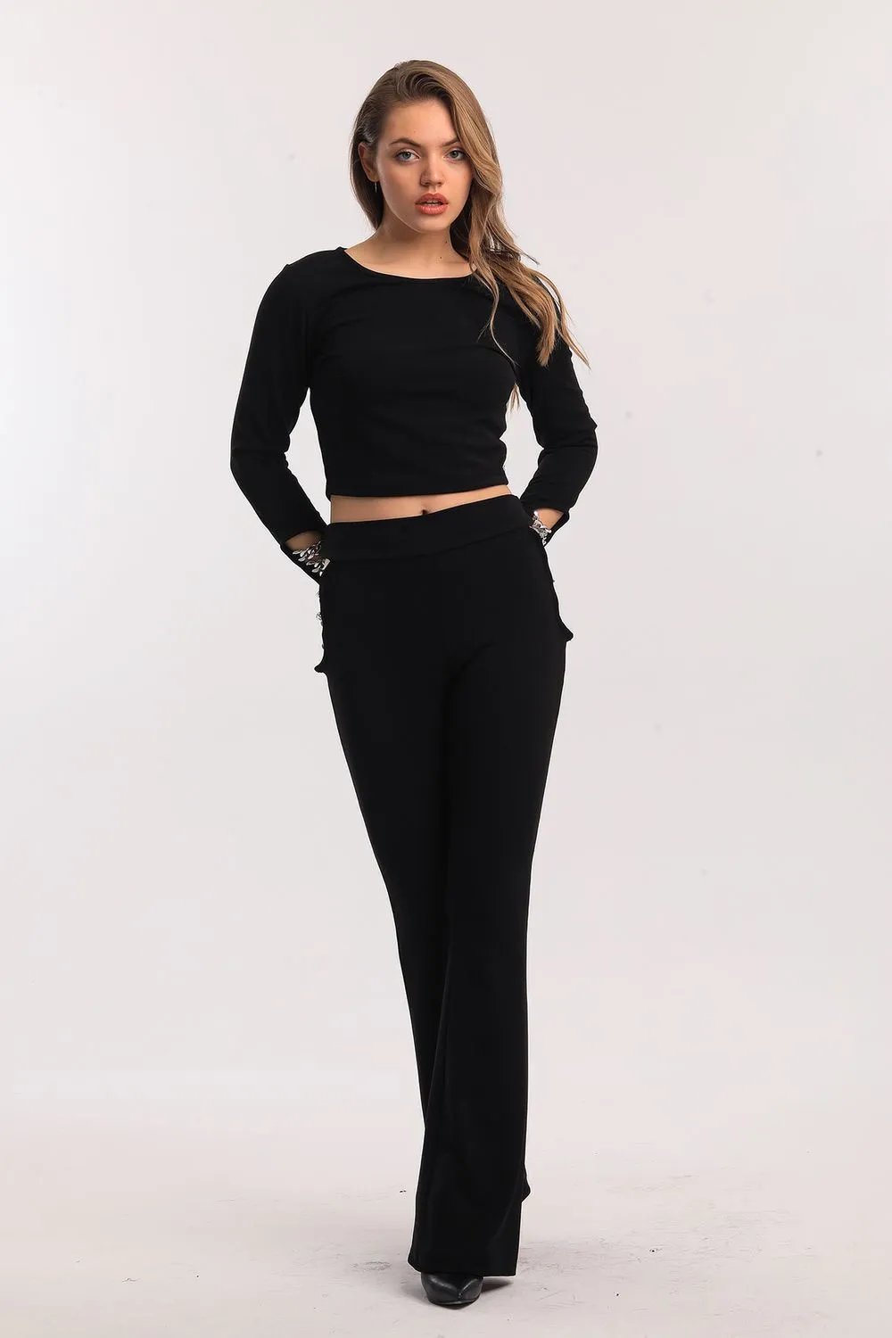 SNS Black High Waisted Chain Detailed Spanish Flare Scuba Crepe Pants - Spring Hill