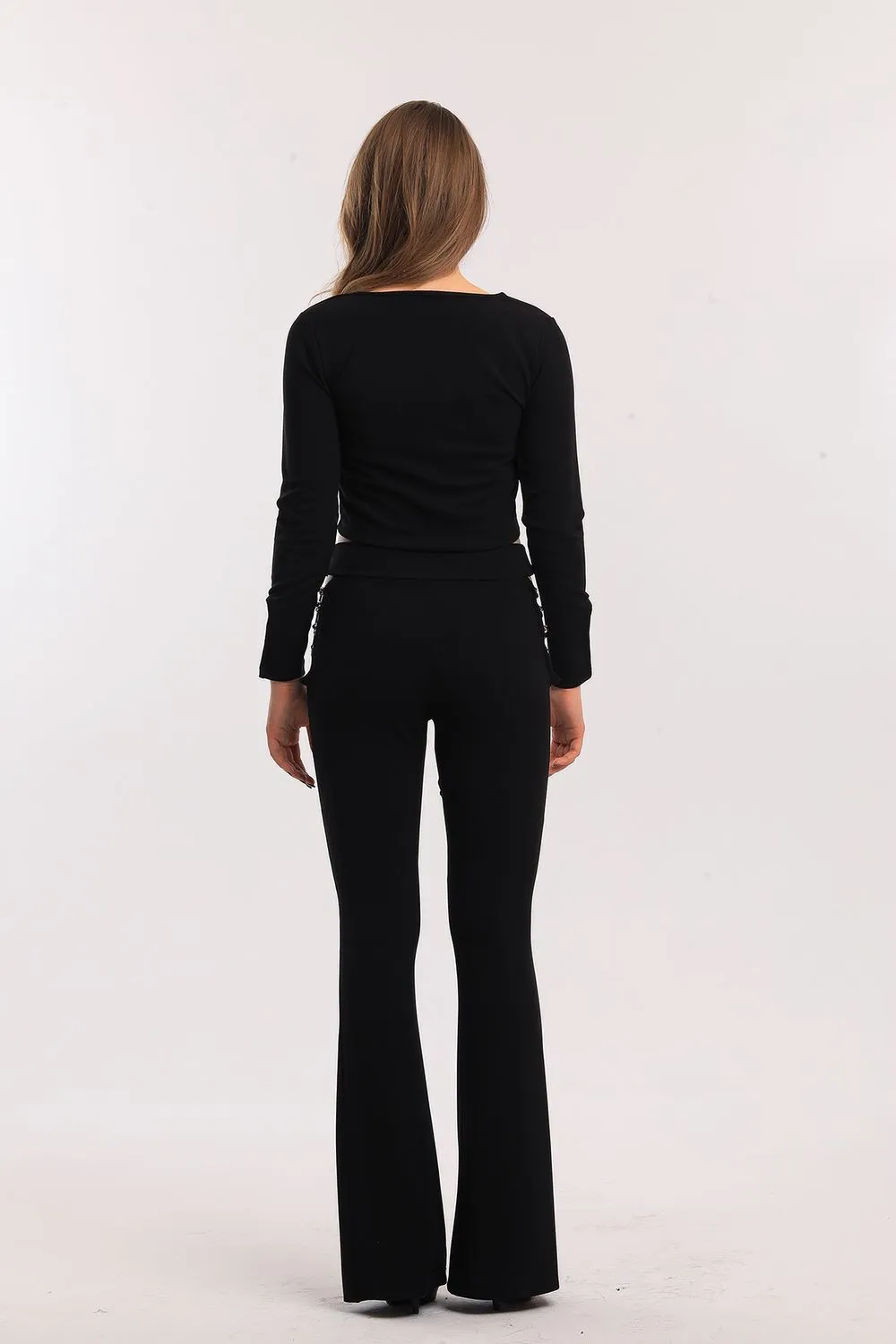 SNS Black High Waisted Chain Detailed Spanish Flare Scuba Crepe Pants - Spring Hill