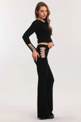 SNS Black High Waisted Chain Detailed Spanish Flare Scuba Crepe Pants - Spring Hill