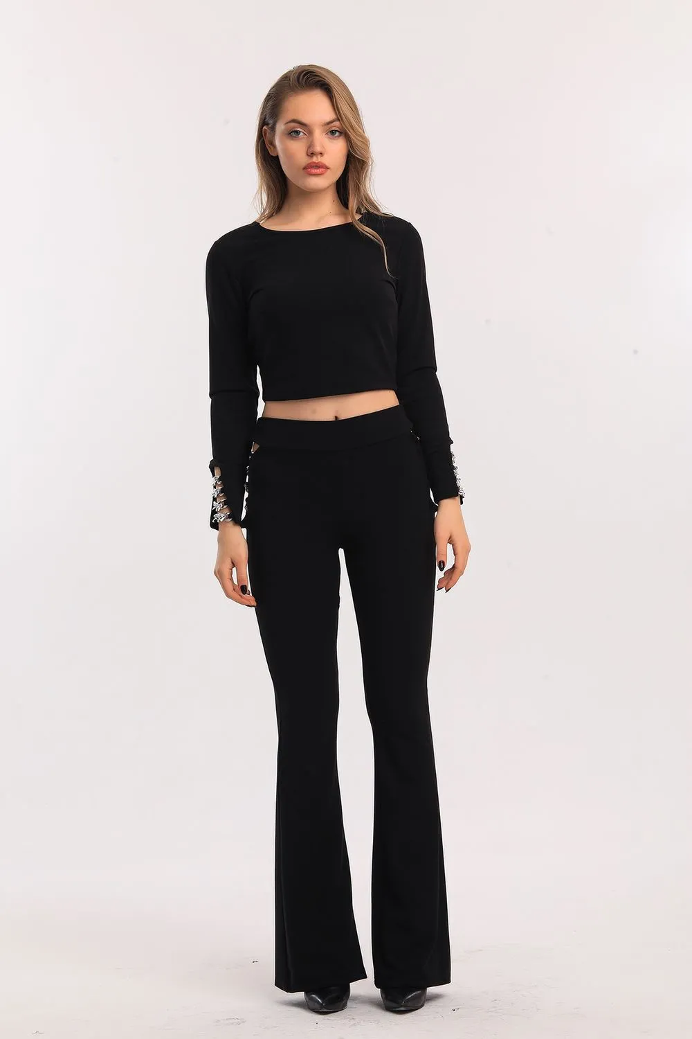 SNS Black High Waisted Chain Detailed Spanish Flare Scuba Crepe Pants - Spring Hill