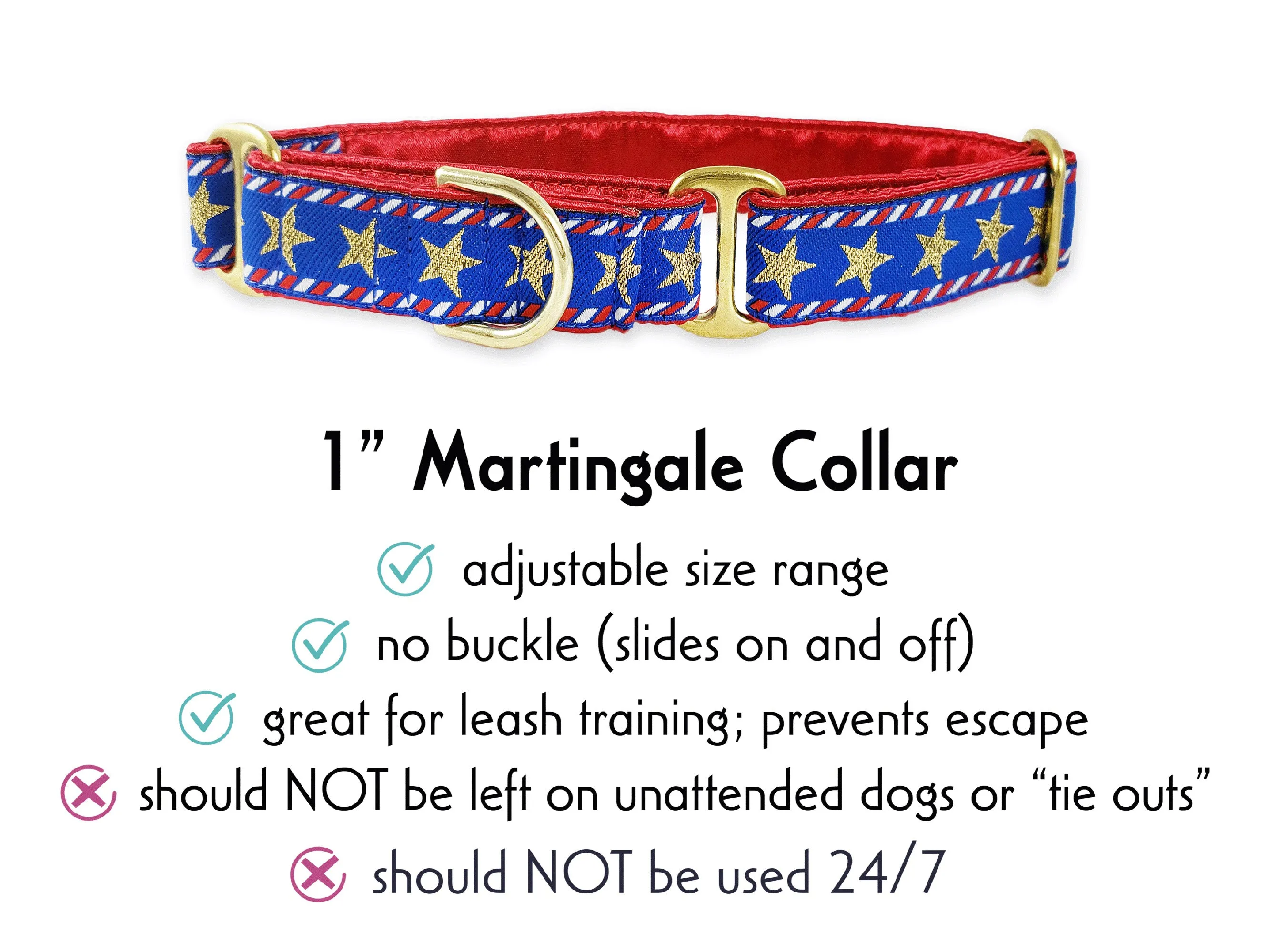 Stars & Stripes in Red, White & Blue - Martingale Dog Collar or Buckle Dog Collar - 1" Width