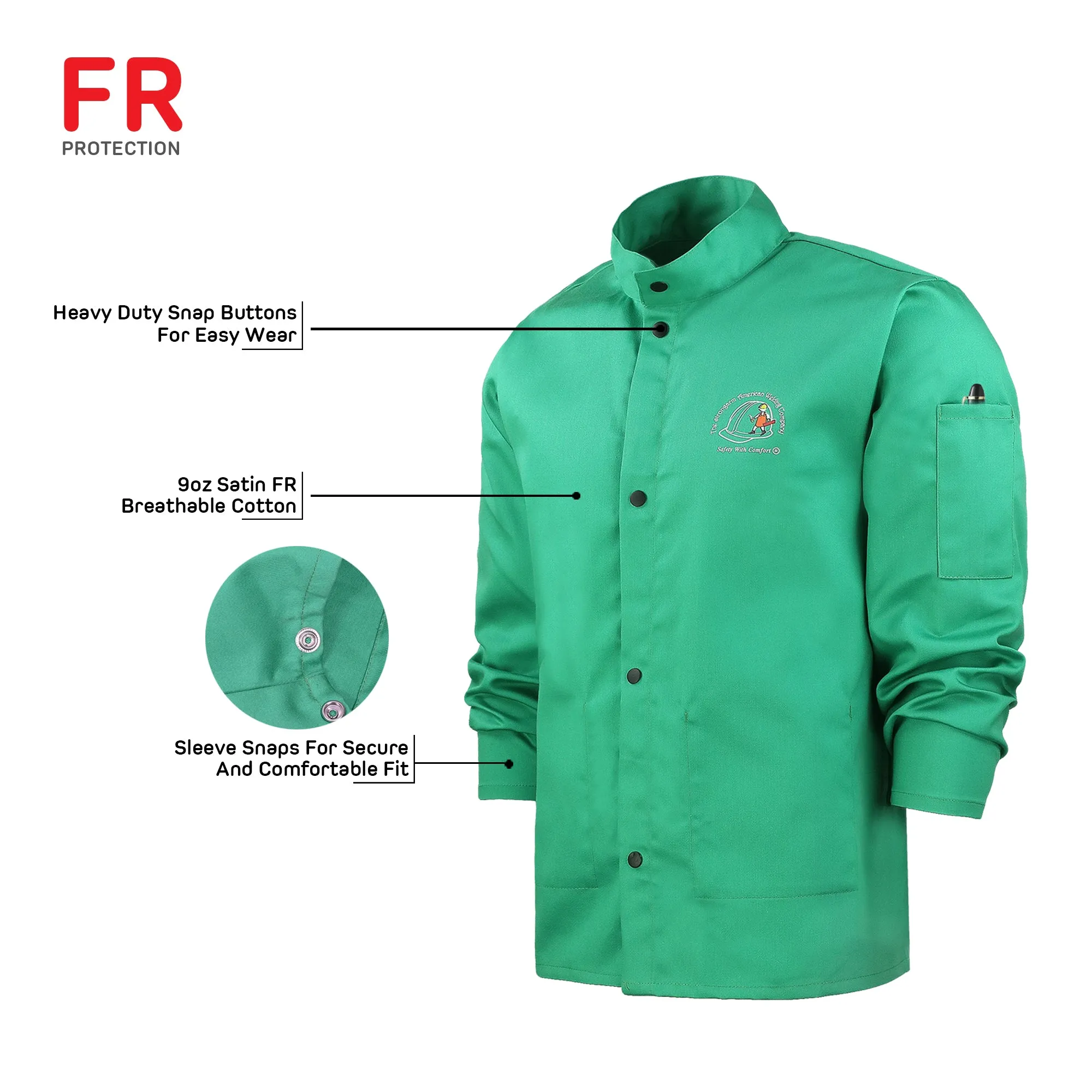 Strongarm FR Welding Jacket Green Arc-Rated Work Jacket with 9oz FR Cotton & Buttoned Sleeves 30" Men & Women