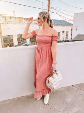 swiss dot off the shoulder smocked maxi dress - dusty rose