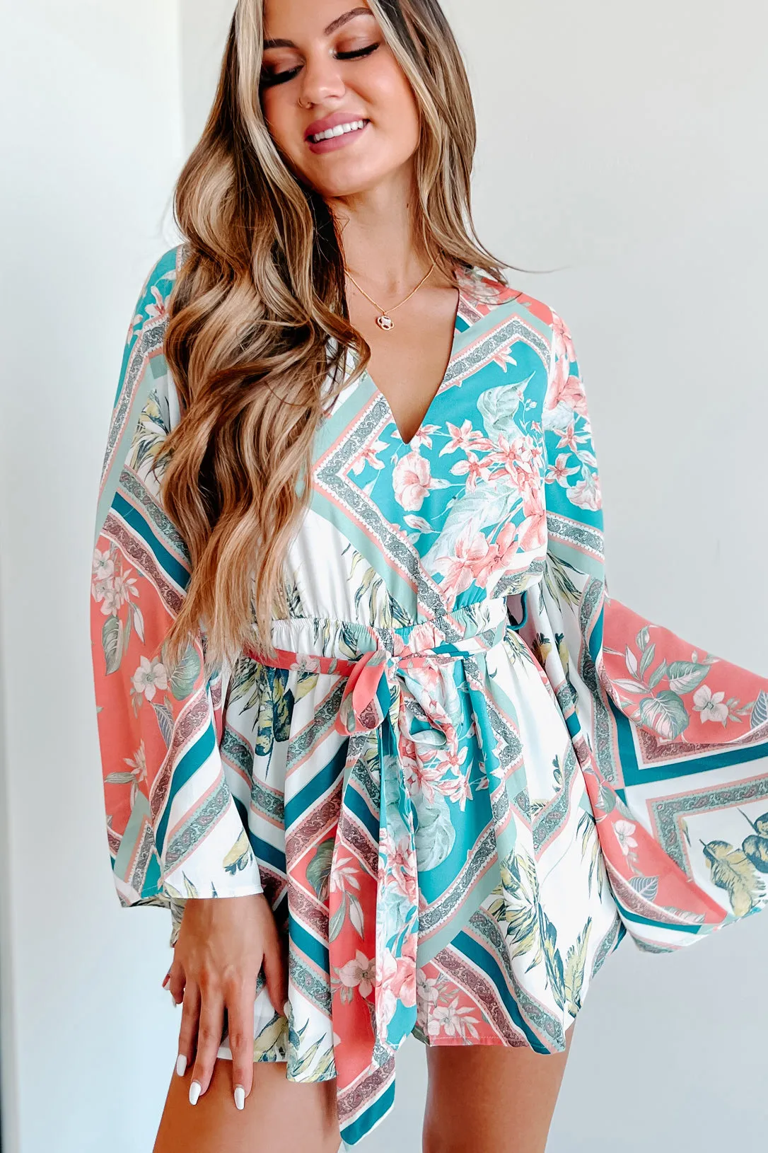 Tulum Treasure Tropical Print Open Back Romper (Off White Multi)