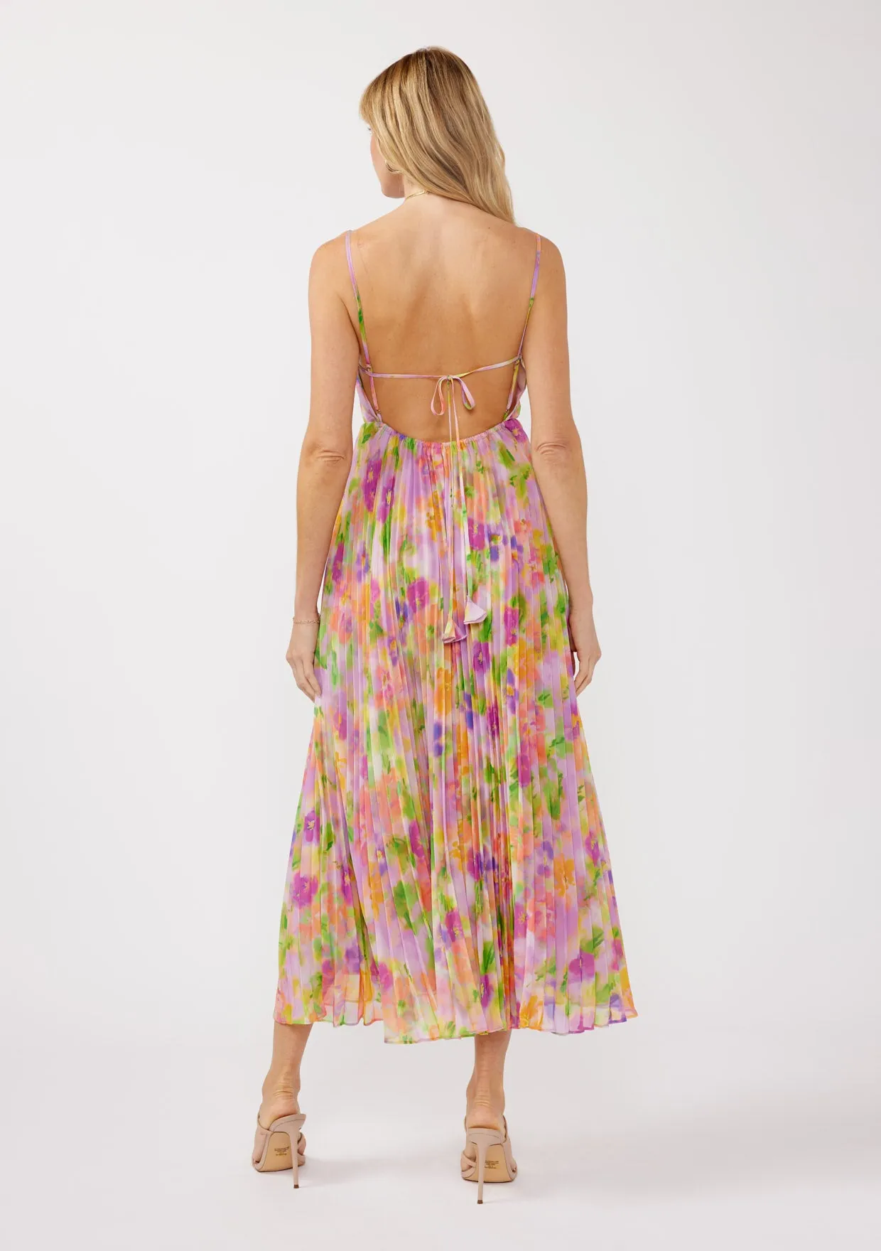 V-Neck Pleated Floral Maxi Dress with Back Tie