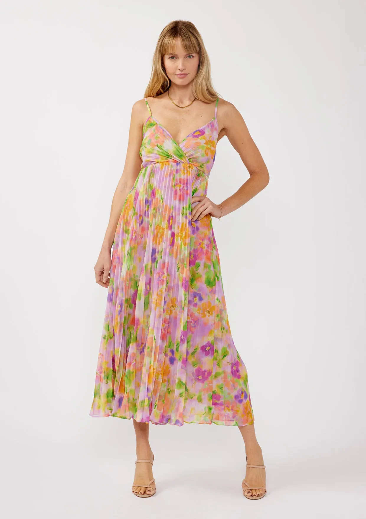V-Neck Pleated Floral Maxi Dress with Back Tie