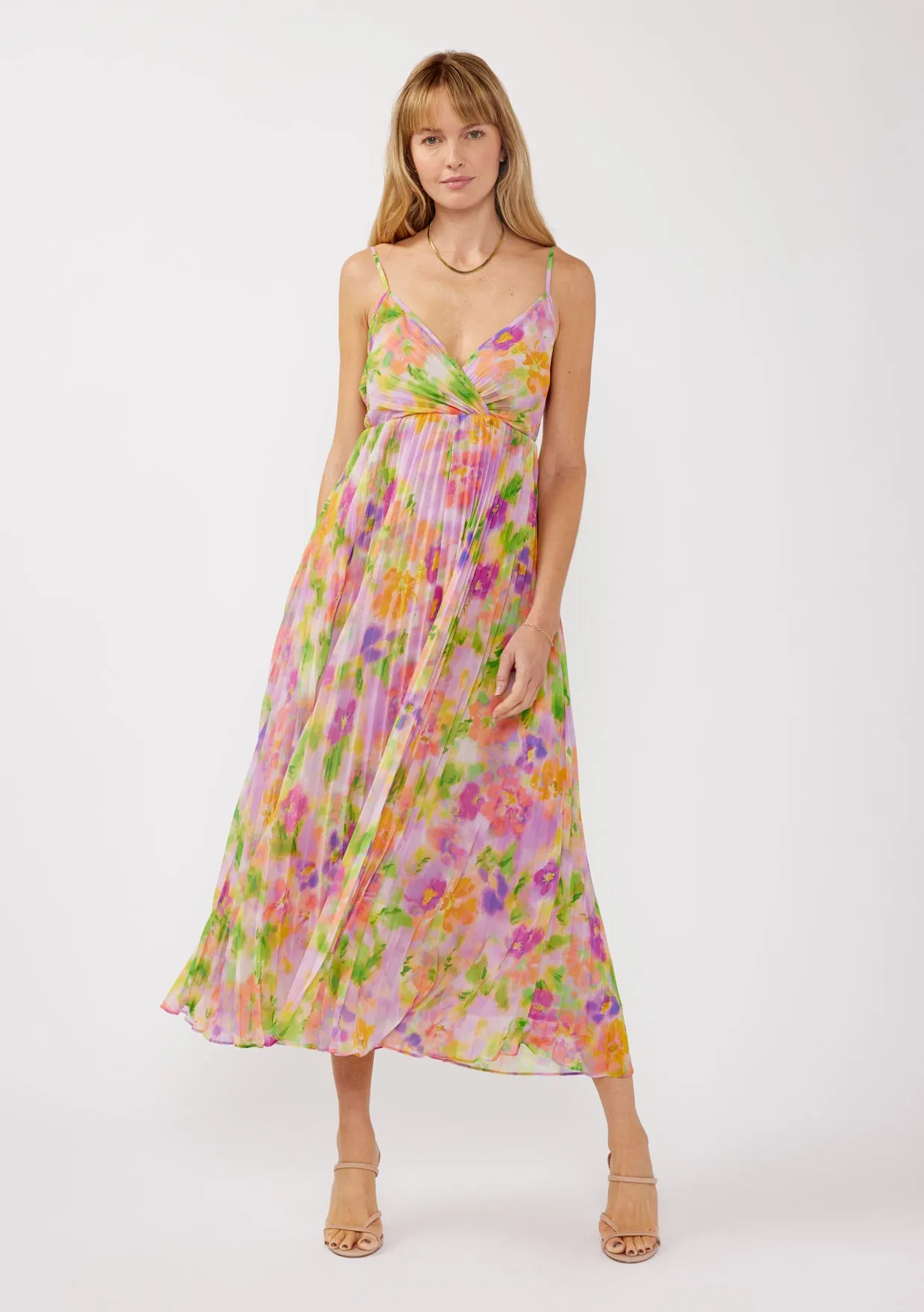 V-Neck Pleated Floral Maxi Dress with Back Tie